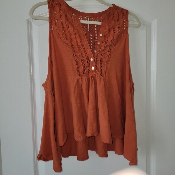 Free People Burndt Orange Top Sunkissed Flowy Lace Inset Sleeveless Top Medium - Picture 1 of 9